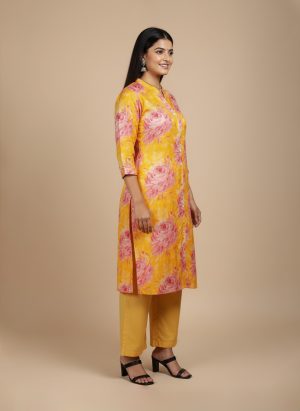 yellow floral kurta for women with pink rose prints and mandarin collar