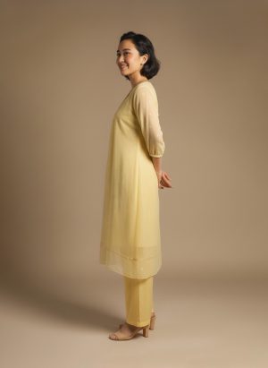 “Woman wearing a soft yellow knee-length dress with sheer long sleeves, subtle embroidery, and a relaxed fit, standing against a beige background and smiling.”
