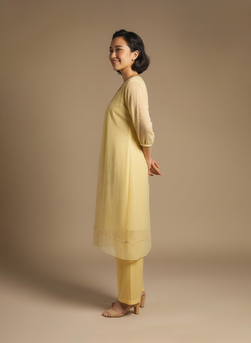“Woman wearing a soft yellow knee-length dress with sheer long sleeves, subtle embroidery, and a relaxed fit, standing against a beige background and smiling.”