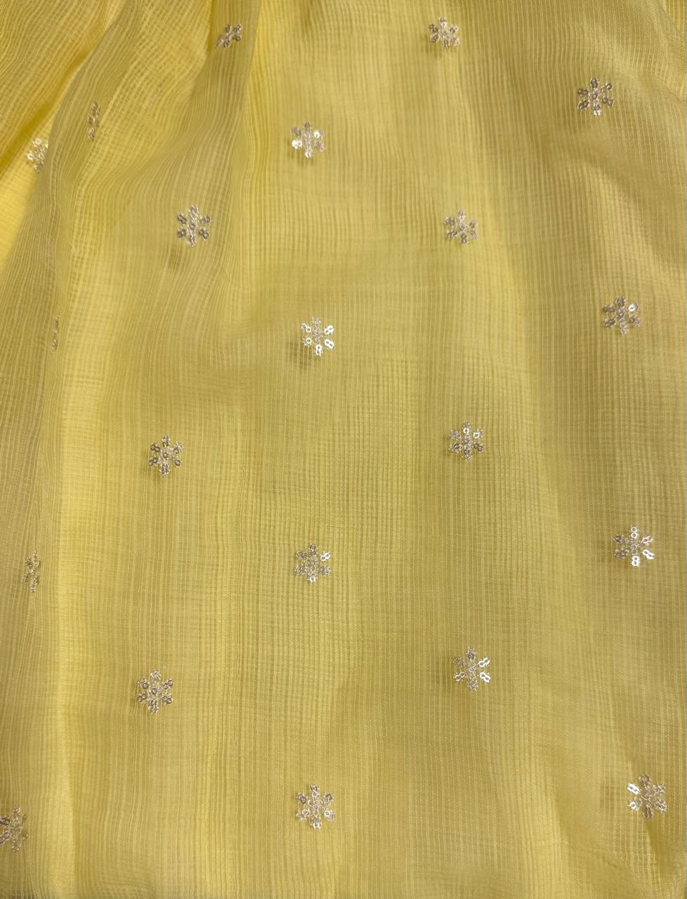 “Woman wearing a soft yellow knee-length dress with sheer long sleeves, subtle embroidery, and a relaxed fit, standing against a beige background and smiling.”