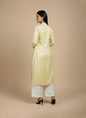 golden jacquard straight kurta for women front view