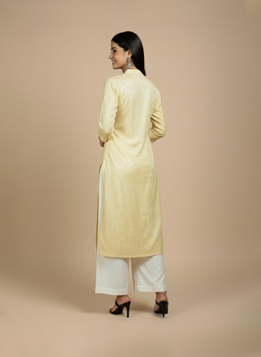 golden jacquard straight kurta for women front view