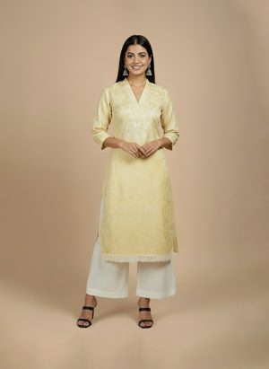 golden jacquard straight kurta for women front view