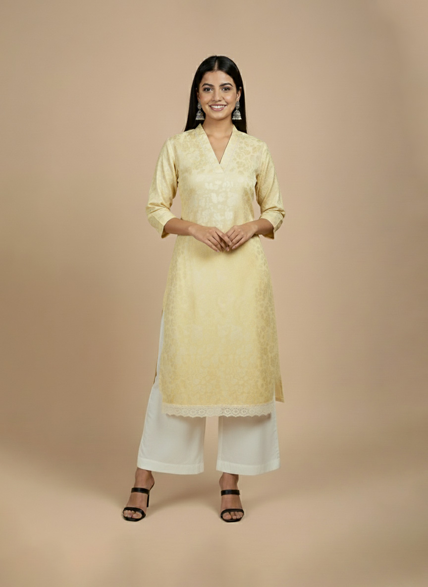 golden jacquard straight kurta for women front view