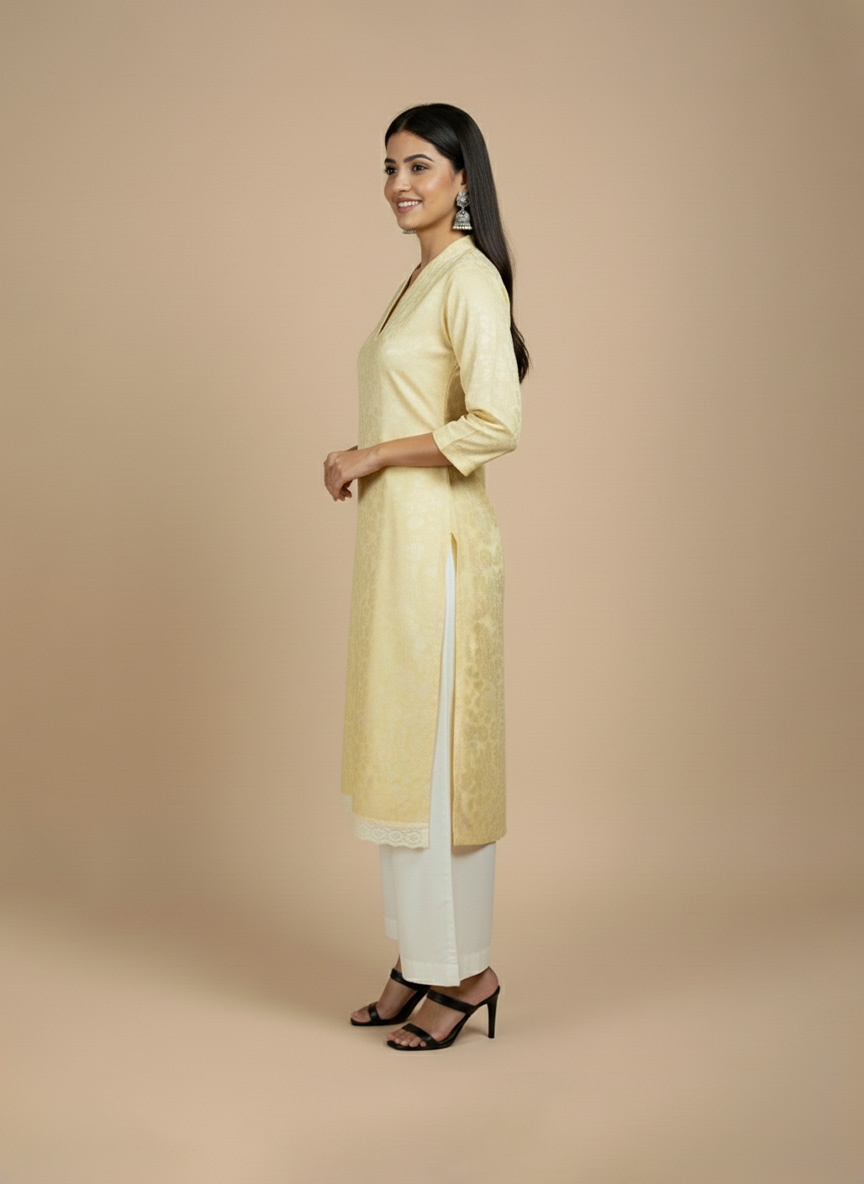golden jacquard straight kurta for women front view