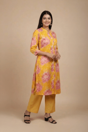 yellow floral kurta for women with pink rose prints and mandarin collar