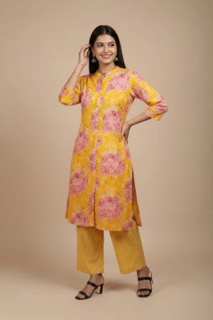 yellow floral kurta for women with pink rose prints and mandarin collar