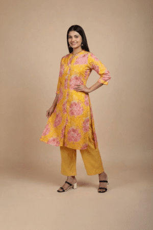 yellow floral kurta for women with pink rose prints and mandarin collar