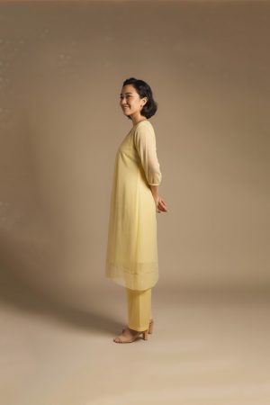 “Woman wearing a soft yellow knee-length dress with sheer long sleeves, subtle embroidery, and a relaxed fit, standing against a beige background and smiling.”