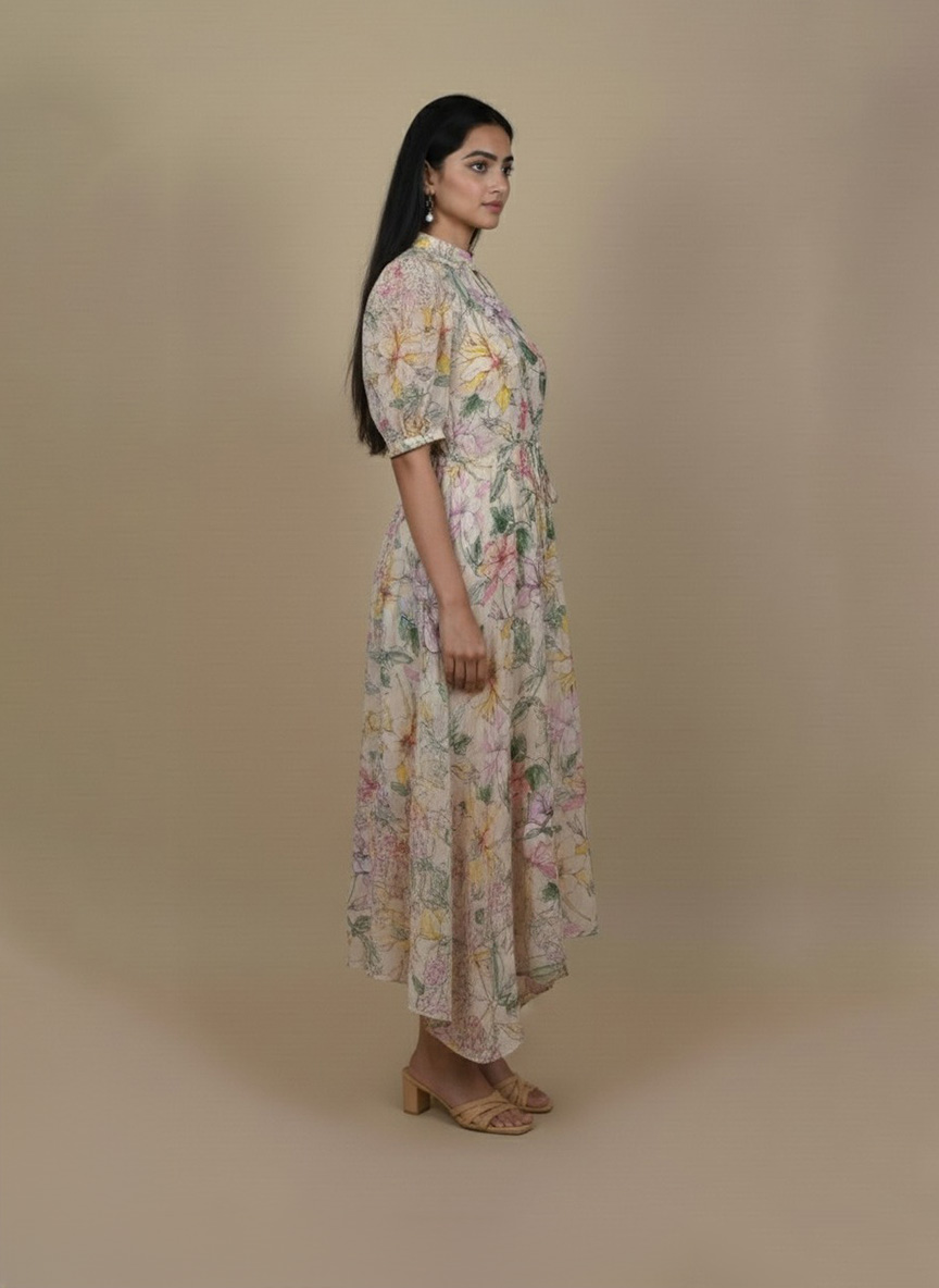 Back view of floral high low dress with flowy high low hem.