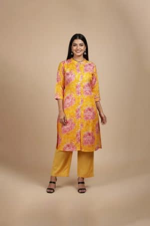 yellow floral kurta for women with pink rose prints and mandarin collar
