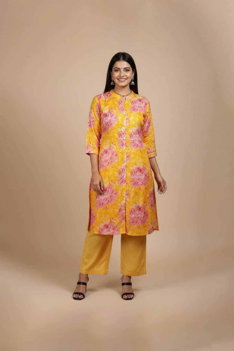 yellow floral kurta for women with pink rose prints and mandarin collar