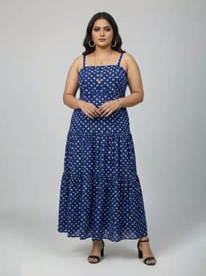 Blue Bandhani Sleeveless Tiered Dress – Ivory by Radhika