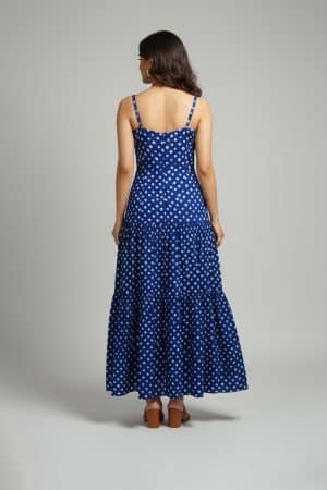 Blue bandhani printed sleeveless tiered dress