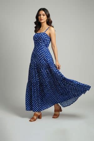 Blue bandhani printed sleeveless tiered dress