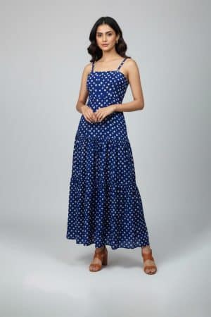 Blue bandhani printed sleeveless tiered dress