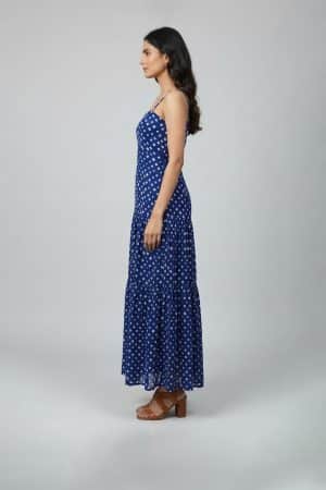 Blue bandhani printed sleeveless tiered dress