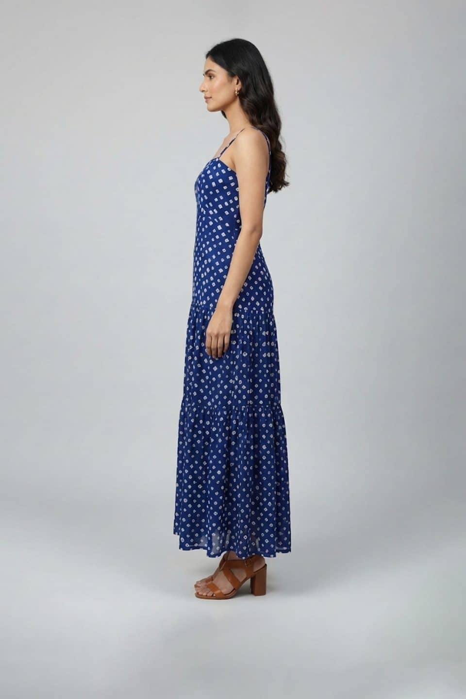 Blue bandhani printed sleeveless tiered dress
