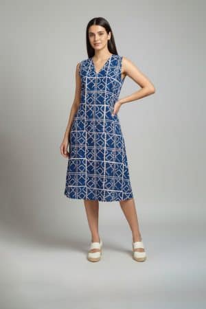 Blue cotton sleeveless dress with geometric print
