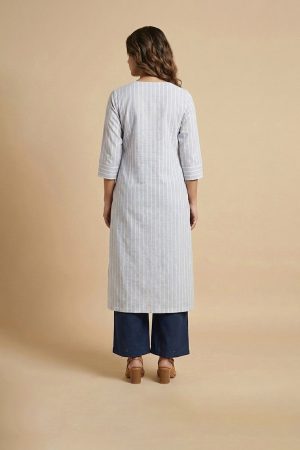 Light grey striped cotton kurta with navy blue pants for women