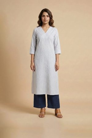 Light grey striped cotton kurta with navy blue pants for women