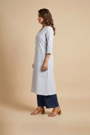 Light grey striped cotton kurta with navy blue pants for women