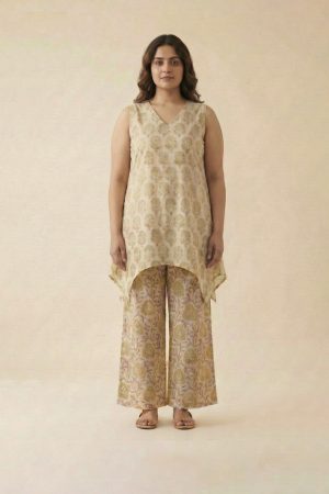 "Handblock cotton tunic set in yellow floral print"