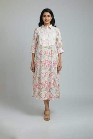Floral cotton shirt dress with three-quarter sleeves