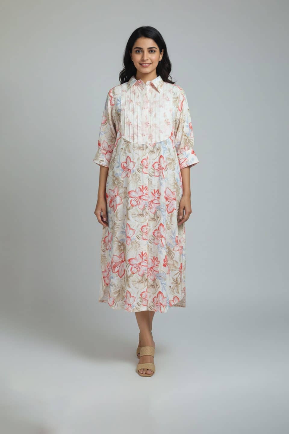 Floral cotton shirt dress with three-quarter sleeves