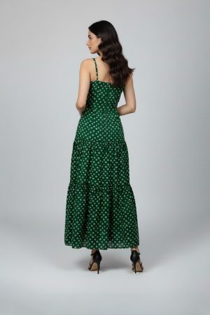 Green bandhani printed sleeveless tiered dress