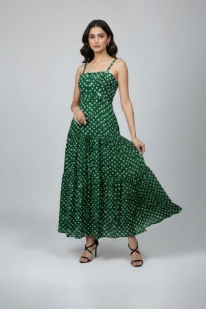 Green bandhani printed sleeveless tiered dress