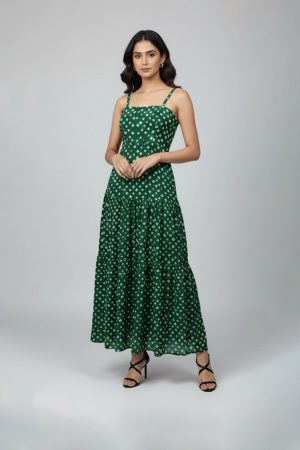 Green bandhani printed sleeveless tiered dress