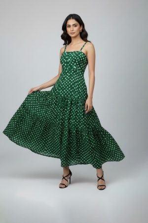 Green bandhani printed sleeveless tiered dress
