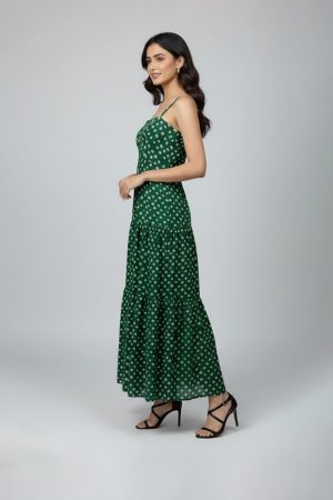 Green bandhani printed sleeveless tiered dress