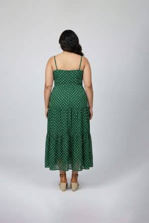 Green bandhani printed sleeveless tiered dress