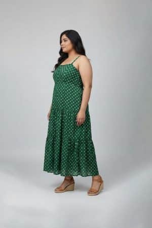Green bandhani printed sleeveless tiered dress
