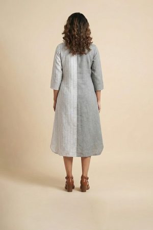 Grey and white panelled kurta-style midi dress with striped detail