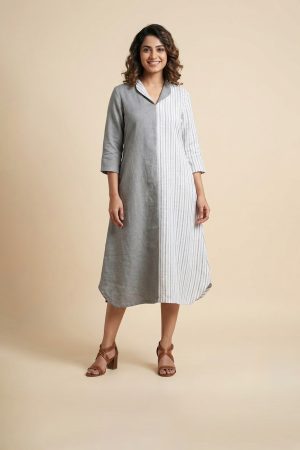 Grey and white panelled kurta-style midi dress with striped detail