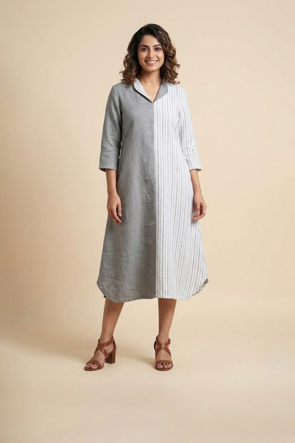 Grey and white panelled kurta-style midi dress with striped detail