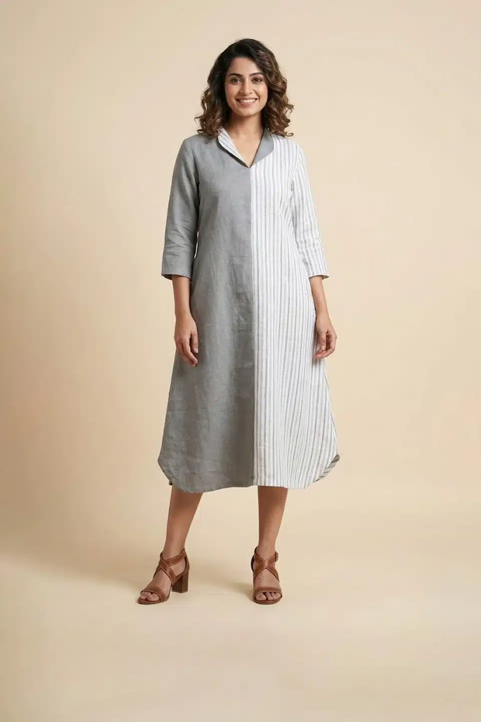 Grey Panelled Cotton Dress
