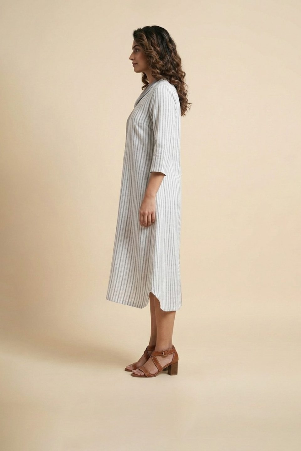Grey and white panelled kurta-style midi dress with striped detail