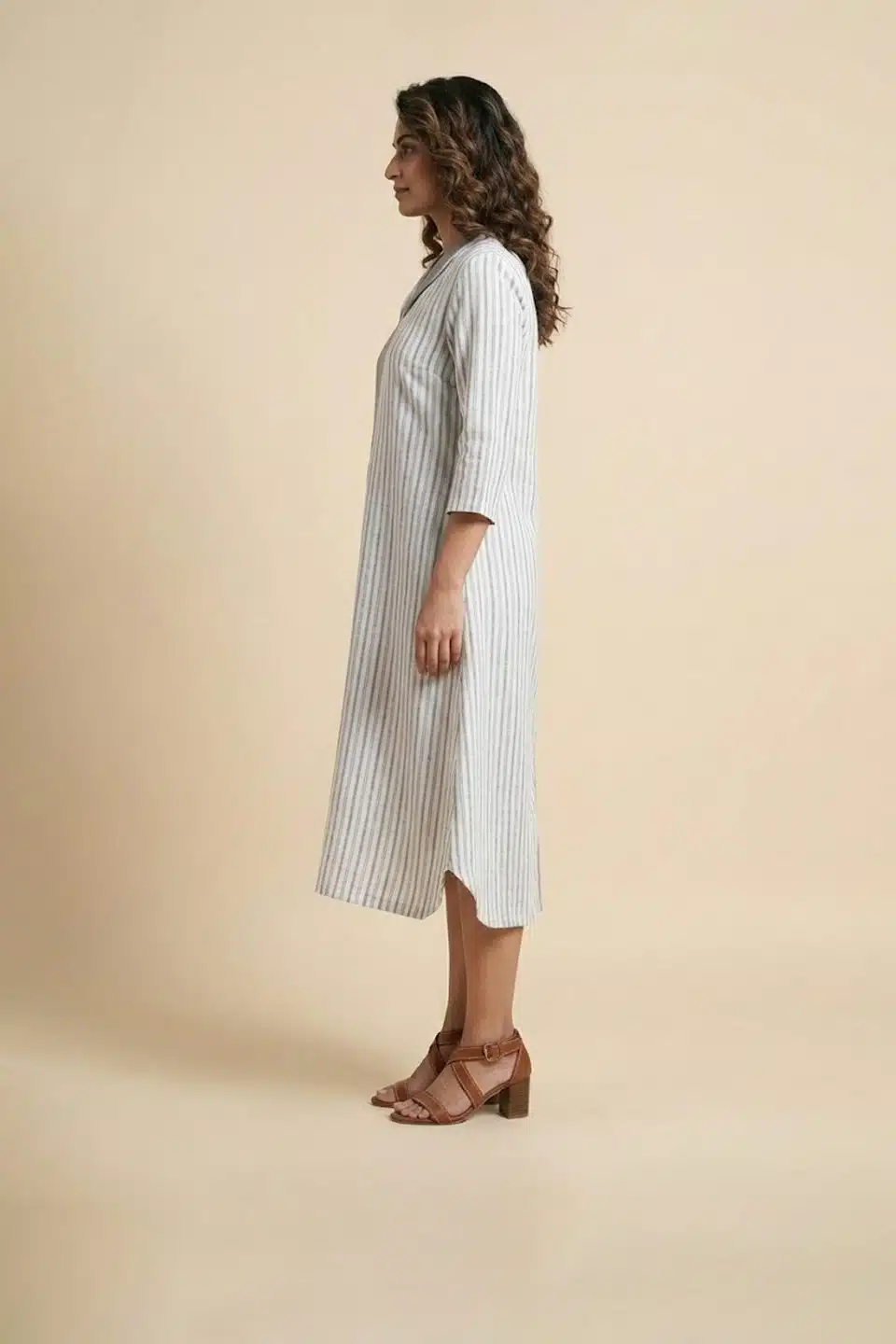 Grey panelled cotton midi dress, side view