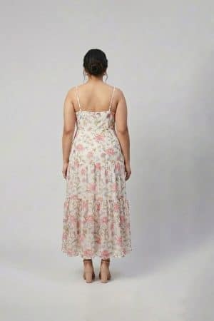 Ivory floral printed tiered maxi dress with shoulder straps