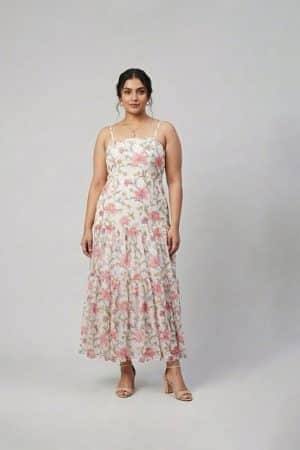 Ivory floral printed tiered maxi dress with shoulder straps