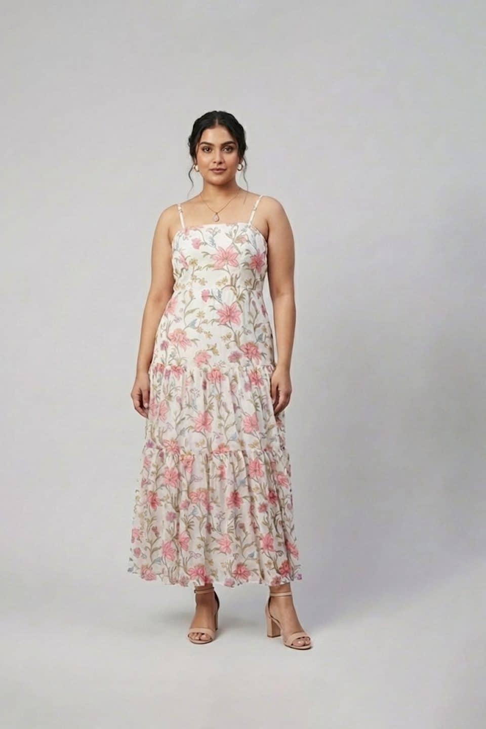 Ivory floral printed tiered maxi dress with shoulder straps
