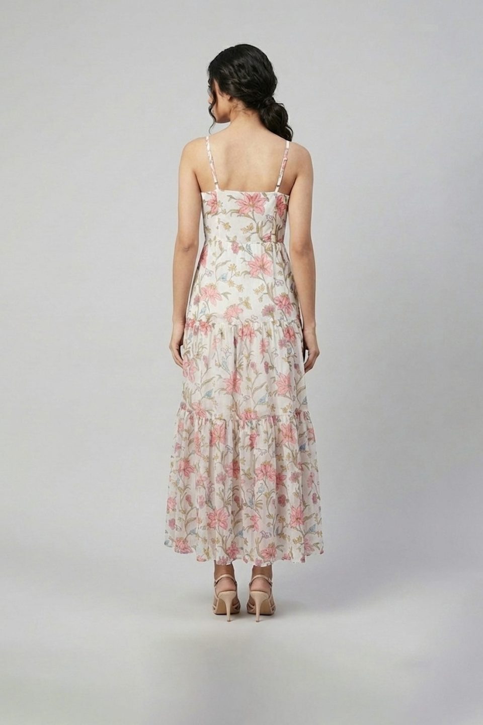 Ivory floral printed tiered maxi dress with shoulder straps