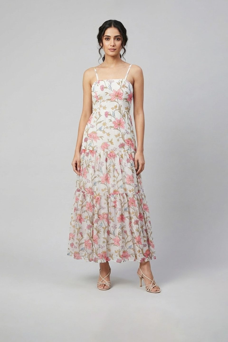 Ivory floral printed tiered maxi dress with shoulder straps