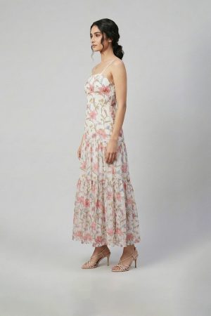 Ivory floral printed tiered maxi dress with shoulder straps