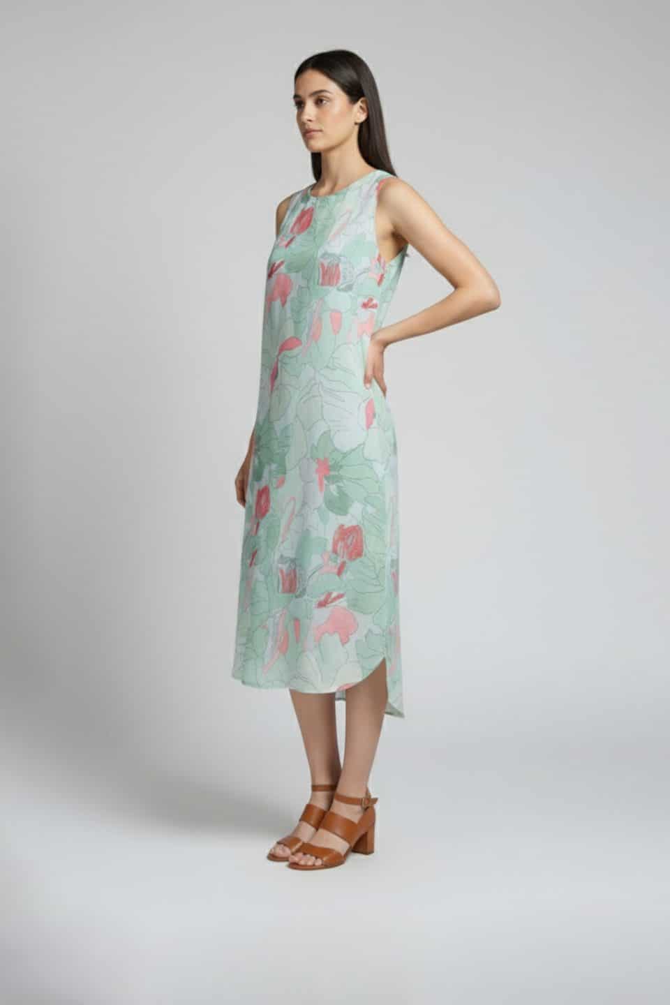 Mint floral sleeveless dress in pastel green with abstract floral print