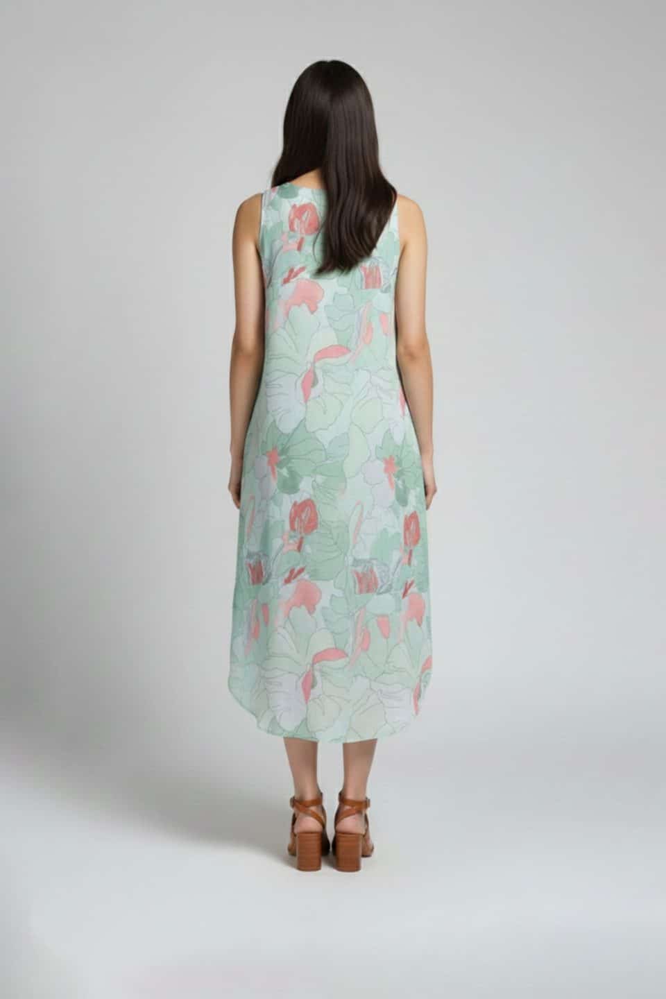 Mint floral sleeveless dress in pastel green with abstract floral print